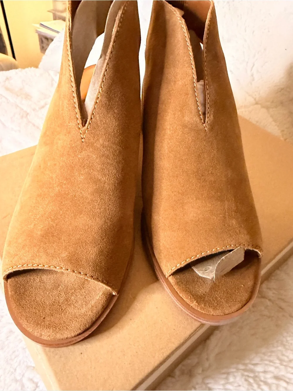 Lucky Brand Women's Suede Peep-Toe Block Heel Sandals - Tan - Picture 3 of 5